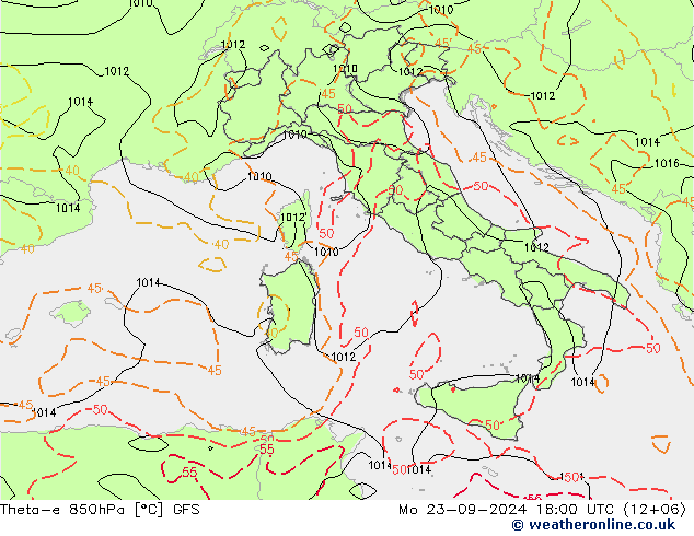 Theta-e 850hPa GFS lun 23.09.2024 18 UTC