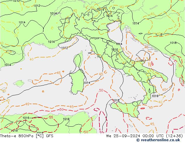 Theta-e 850hPa GFS śro. 25.09.2024 00 UTC