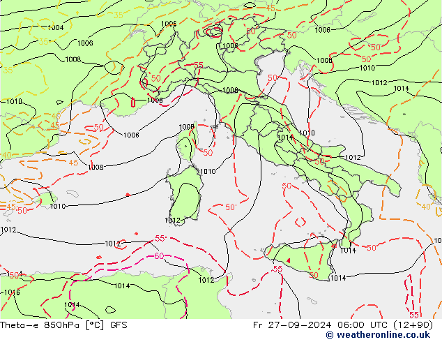 Theta-e 850hPa GFS ven 27.09.2024 06 UTC