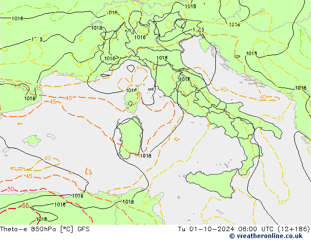 Theta-e 850hPa GFS Tu 01.10.2024 06 UTC