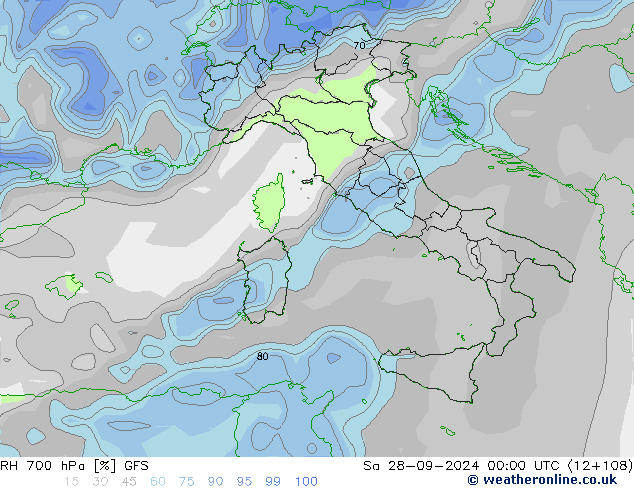 RH 700 гПа GFS сб 28.09.2024 00 UTC