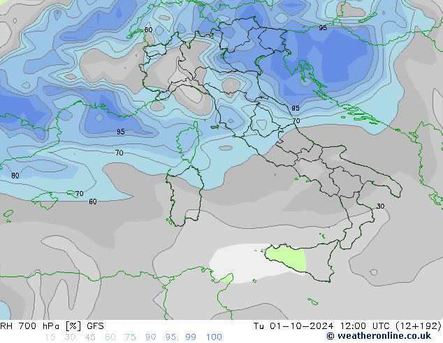 RH 700 hPa GFS wto. 01.10.2024 12 UTC