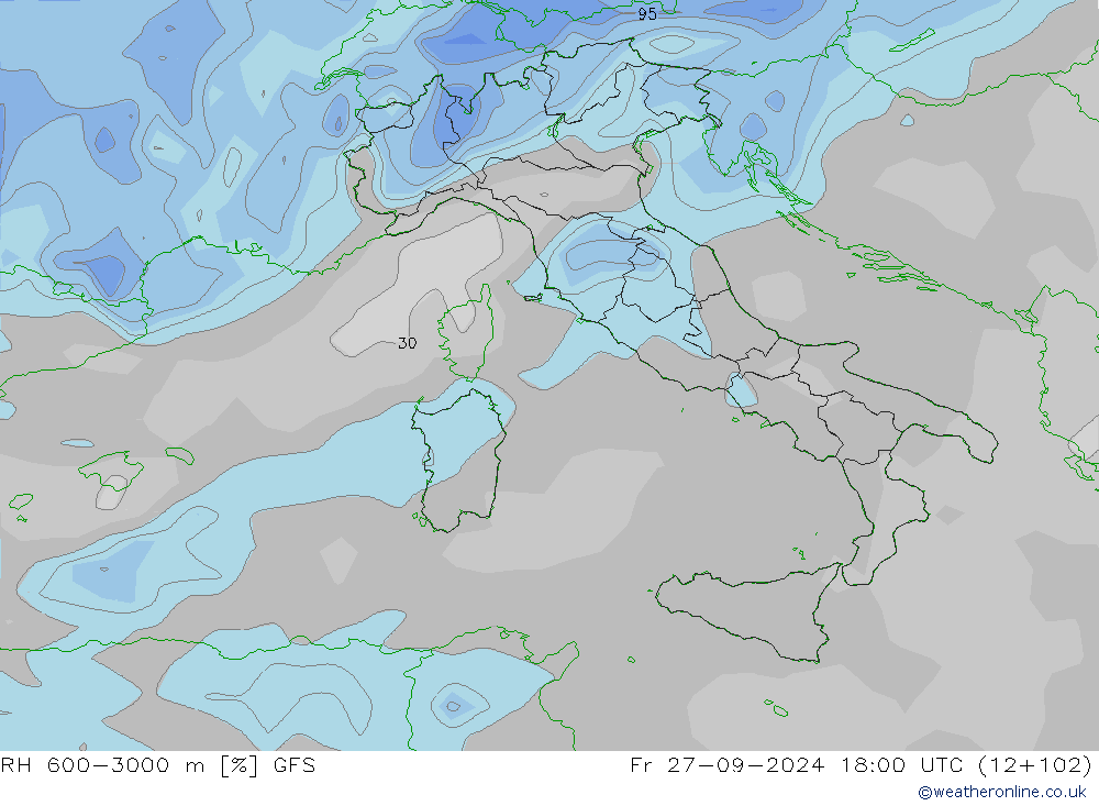 RH 600-3000 m GFS пт 27.09.2024 18 UTC