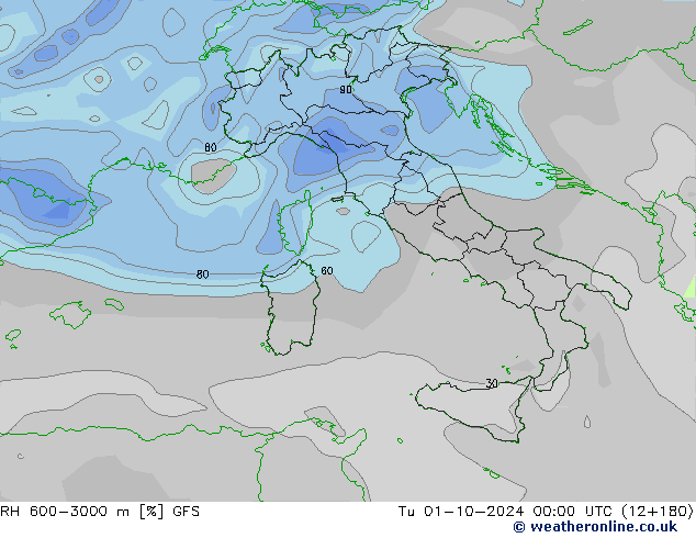 RH 600-3000 m GFS Tu 01.10.2024 00 UTC