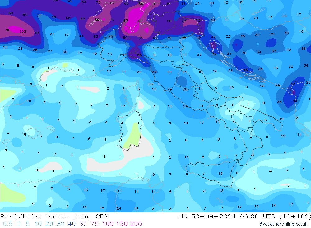 Precipitation accum. GFS pon. 30.09.2024 06 UTC