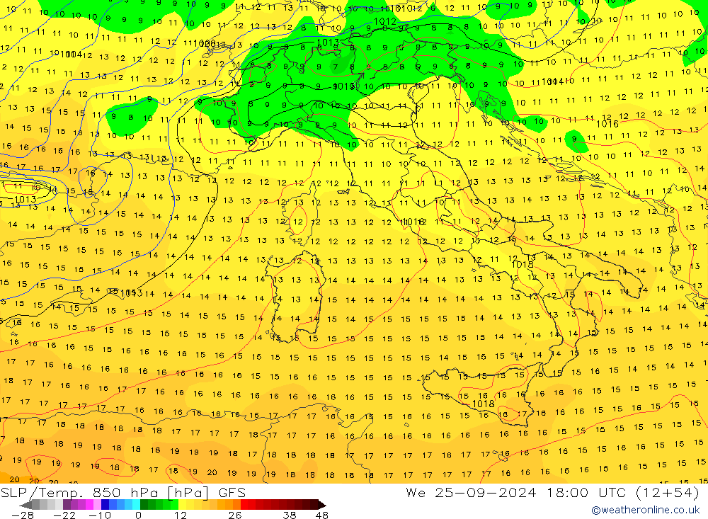 SLP/Temp. 850 hPa GFS wo 25.09.2024 18 UTC