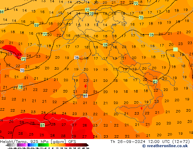 Geop./Temp. 925 hPa GFS jue 26.09.2024 12 UTC