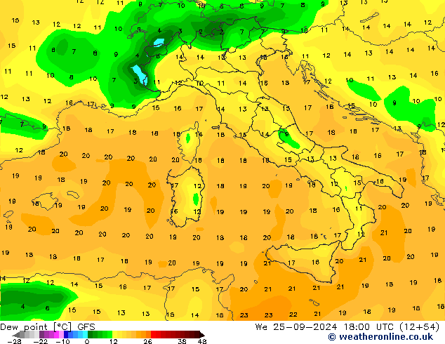 Point de rosée GFS mer 25.09.2024 18 UTC