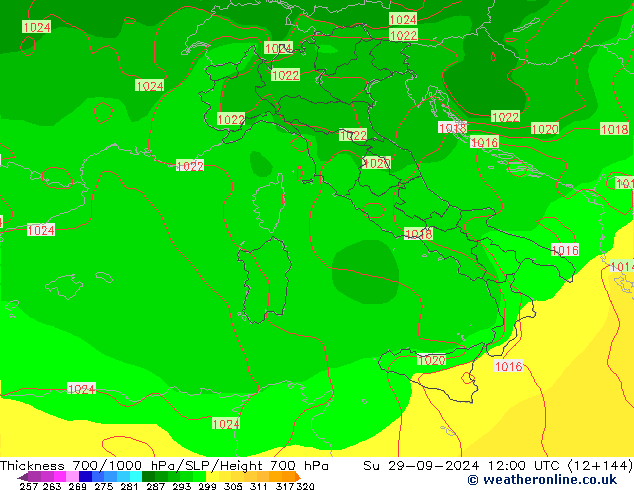 Espesor 700-1000 hPa GFS dom 29.09.2024 12 UTC