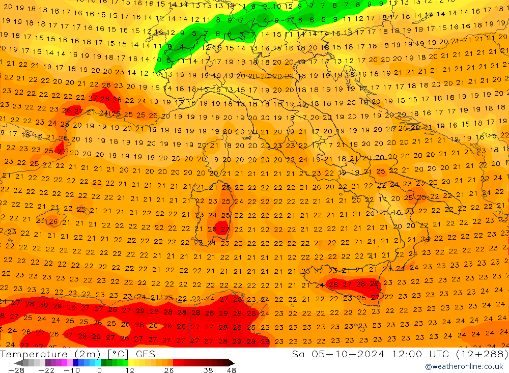 Temperature (2m) GFS Sa 05.10.2024 12 UTC