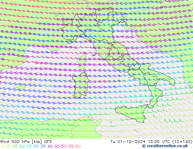 Wind 500 hPa GFS Út 01.10.2024 12 UTC