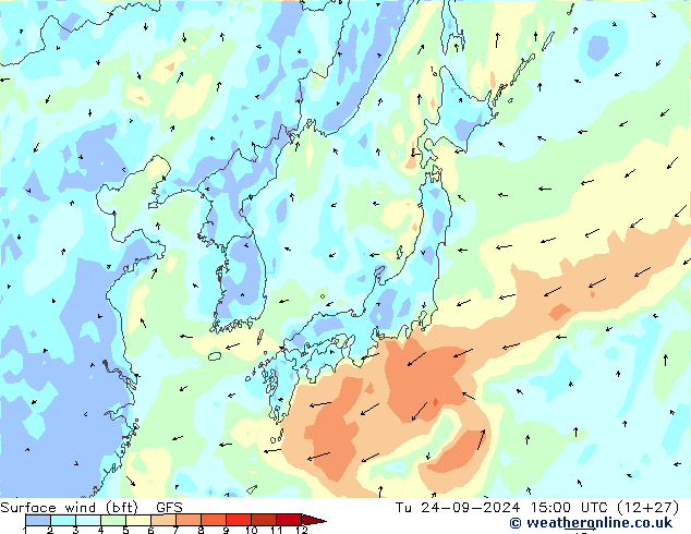 Surface wind (bft) GFS Tu 24.09.2024 15 UTC