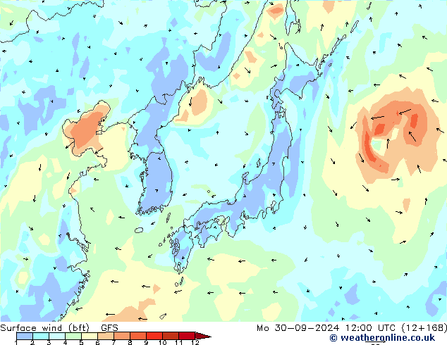 Surface wind (bft) GFS Mo 30.09.2024 12 UTC