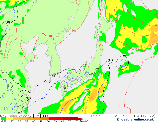 Max. wind velocity GFS gio 26.09.2024 12 UTC