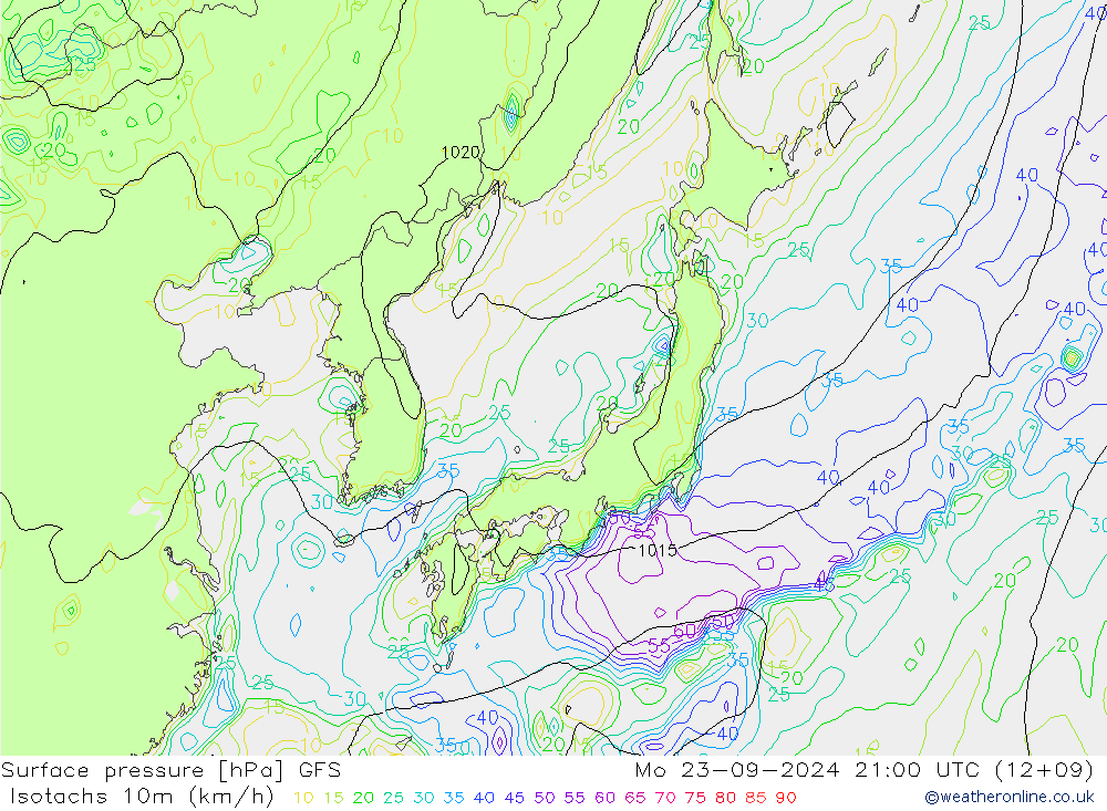 Isotachs (kph) GFS пн 23.09.2024 21 UTC