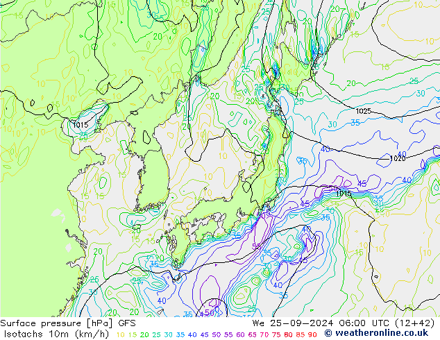 Isotachs (kph) GFS ср 25.09.2024 06 UTC