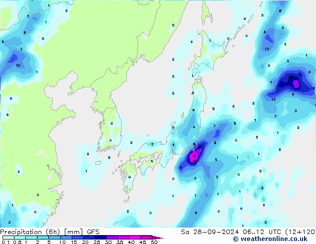 Precipitación (6h) GFS sáb 28.09.2024 12 UTC