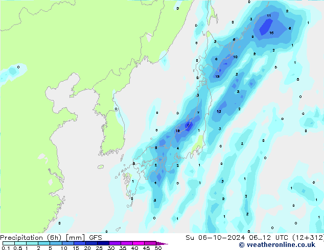 Précipitation (6h) GFS dim 06.10.2024 12 UTC