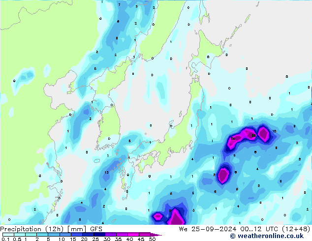 осадки (12h) GFS ср 25.09.2024 12 UTC