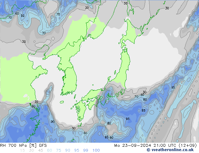 RH 700 гПа GFS пн 23.09.2024 21 UTC