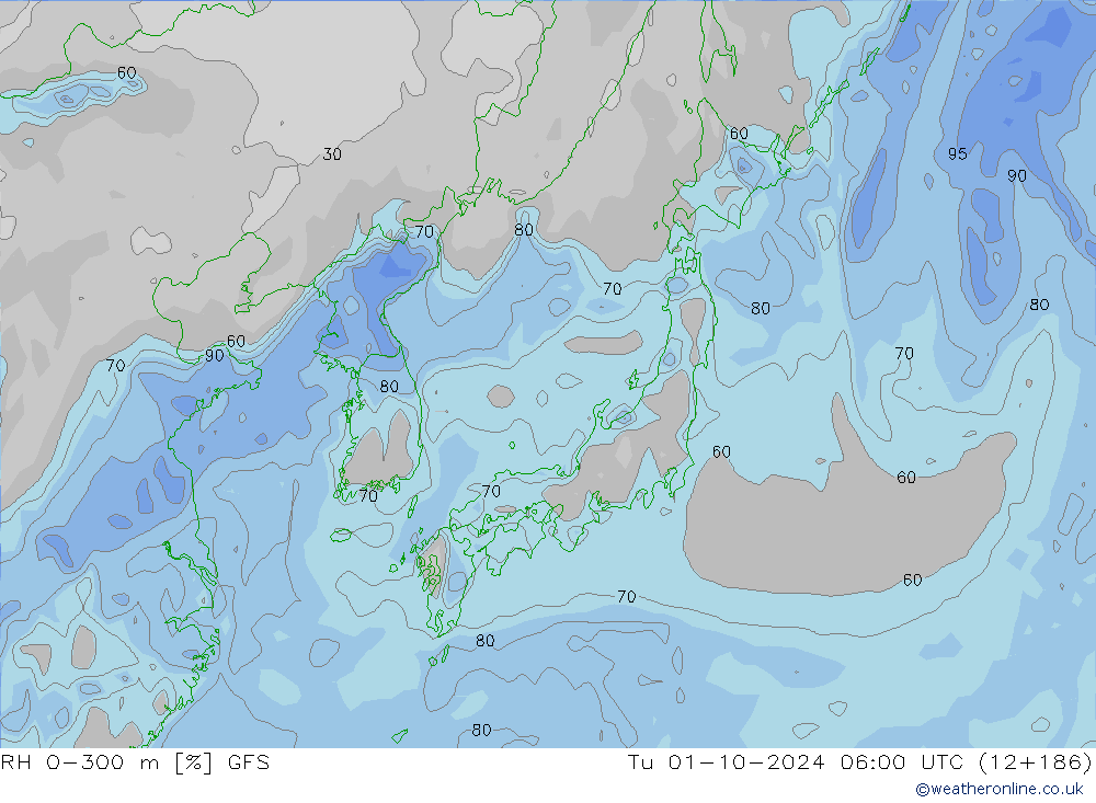 RH 0-300 m GFS Tu 01.10.2024 06 UTC