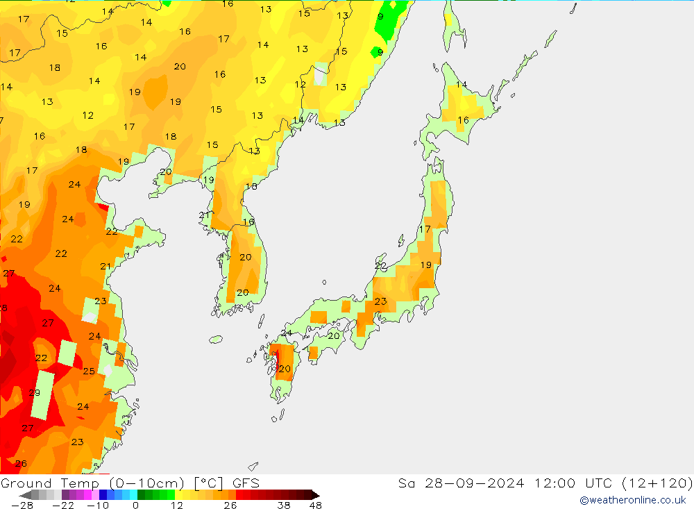 temp. mín./solo (0-10cm) GFS Sáb 28.09.2024 12 UTC