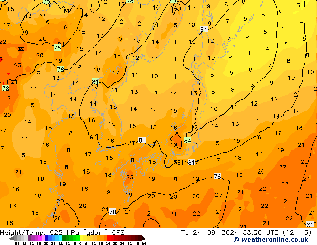 Geop./Temp. 925 hPa GFS mar 24.09.2024 03 UTC