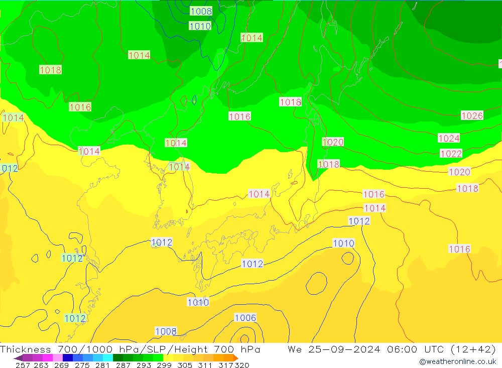 Thck 700-1000 hPa GFS We 25.09.2024 06 UTC