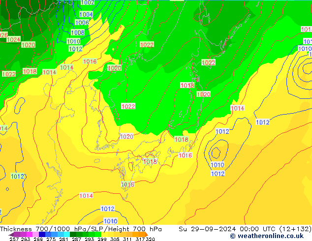 Thck 700-1000 hPa GFS Su 29.09.2024 00 UTC