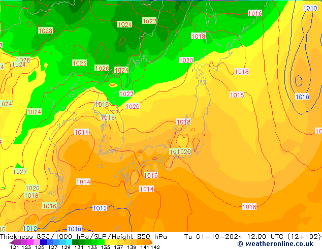 Thck 850-1000 hPa GFS Tu 01.10.2024 12 UTC