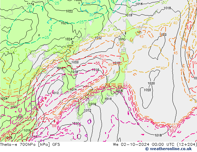 Theta-e 700hPa GFS  02.10.2024 00 UTC