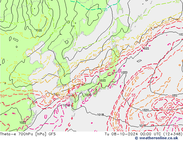 Theta-e 700hPa GFS  08.10.2024 00 UTC