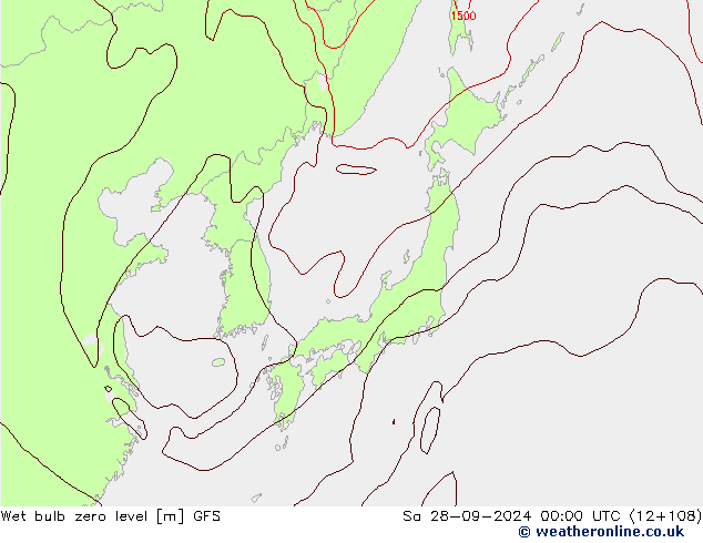 Wet bulb zero level GFS Sa 28.09.2024 00 UTC