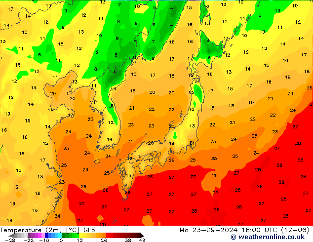 Sıcaklık Haritası (2m) GFS Pzt 23.09.2024 18 UTC