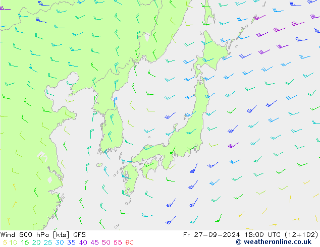 Vento 500 hPa GFS ven 27.09.2024 18 UTC