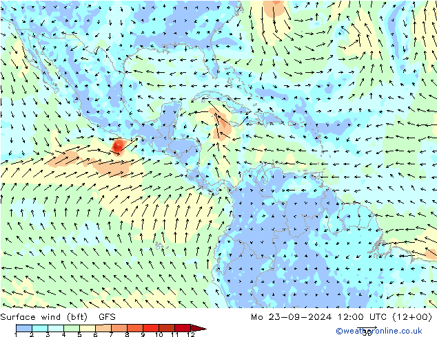 Surface wind (bft) GFS Po 23.09.2024 12 UTC