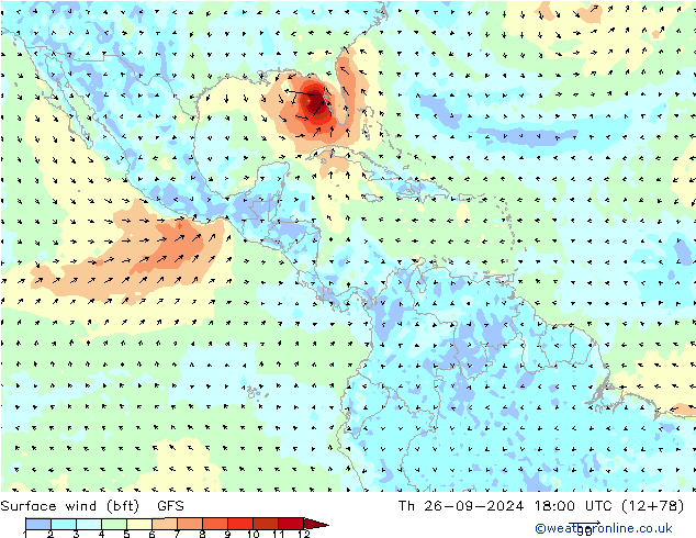 Surface wind (bft) GFS Th 26.09.2024 18 UTC