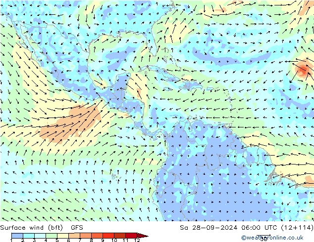 Vento 10 m (bft) GFS Sáb 28.09.2024 06 UTC