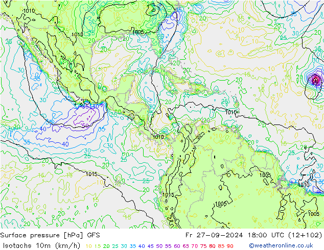 Isotachs (kph) GFS Fr 27.09.2024 18 UTC