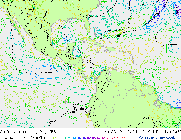 Isotachs (kph) GFS lun 30.09.2024 12 UTC