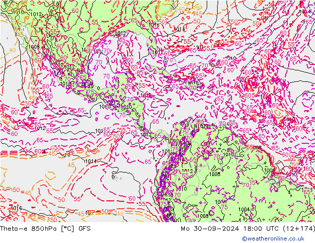 Theta-e 850hPa GFS Mo 30.09.2024 18 UTC