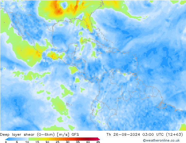 Deep layer shear (0-6km) GFS do 26.09.2024 03 UTC