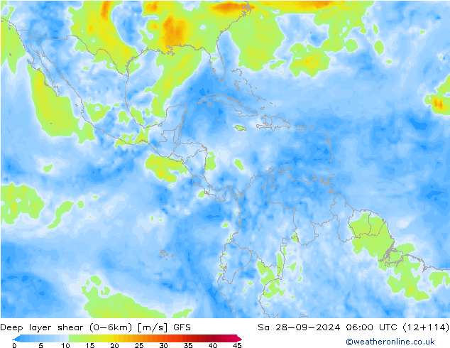 Deep layer shear (0-6km) GFS sab 28.09.2024 06 UTC