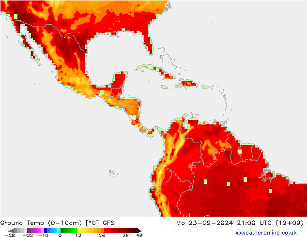 Temperatura del suelo (0-10cm) GFS lun 23.09.2024 21 UTC