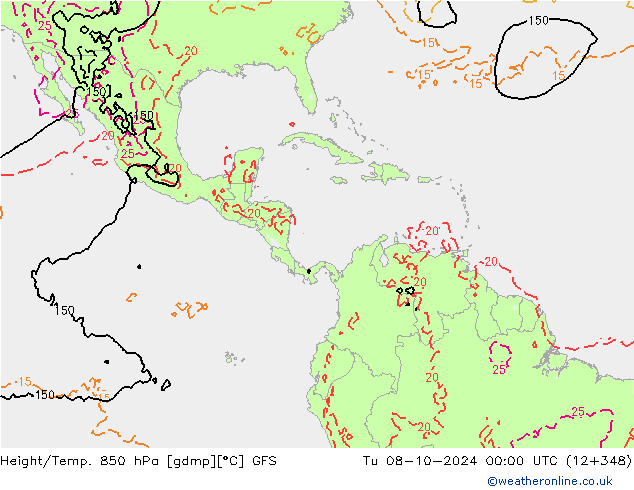 Height/Temp. 850 hPa GFS Tu 08.10.2024 00 UTC