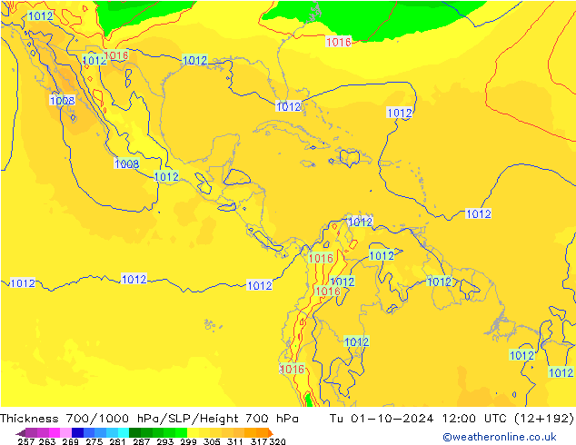 Thck 700-1000 гПа GFS вт 01.10.2024 12 UTC