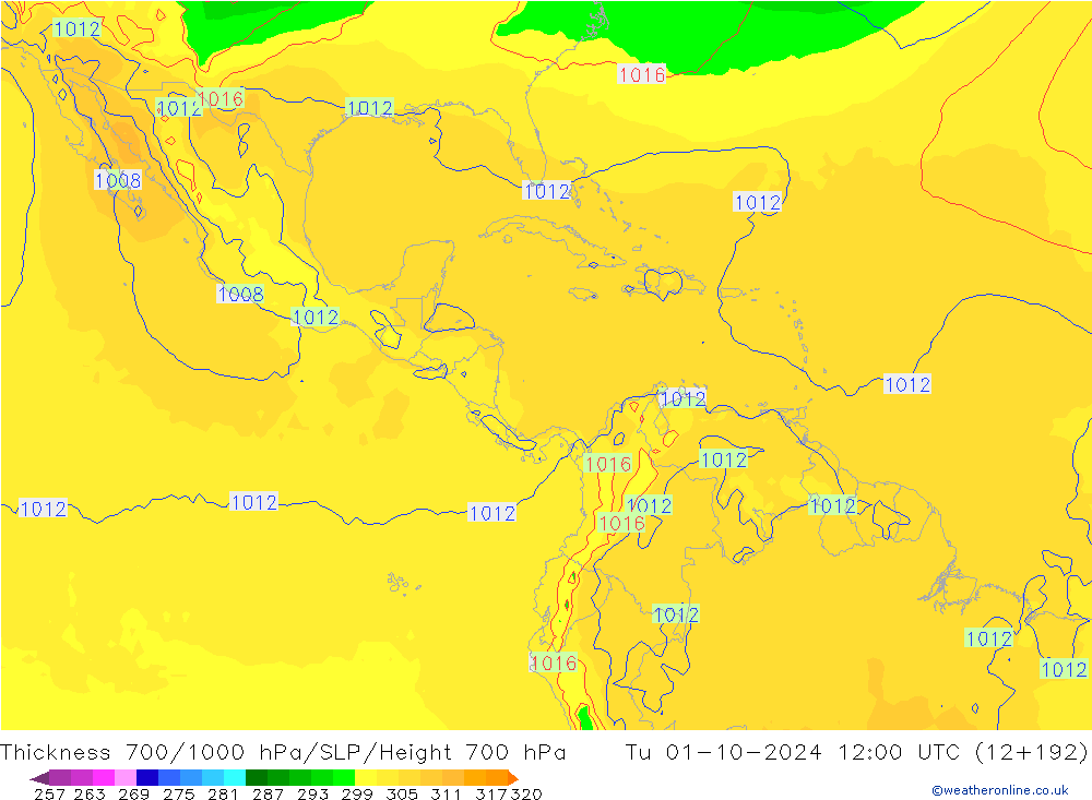 Thck 700-1000 hPa GFS  01.10.2024 12 UTC
