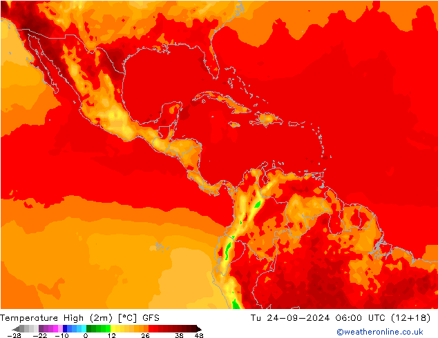 Nejvyšší teplota (2m) GFS Út 24.09.2024 06 UTC