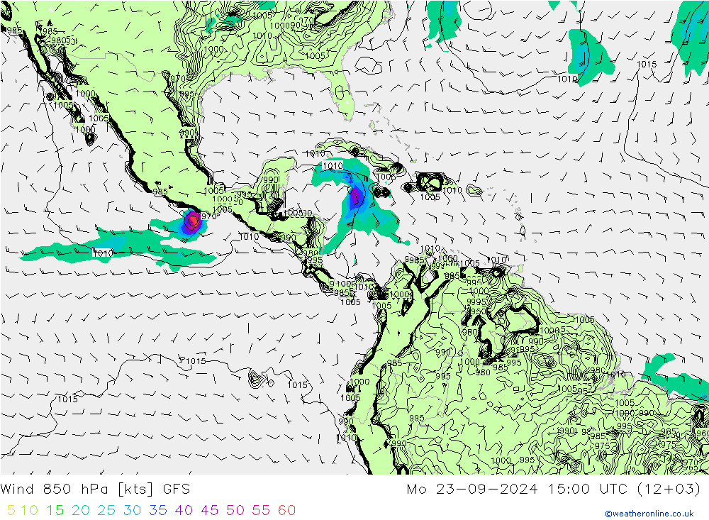 wiatr 850 hPa GFS pon. 23.09.2024 15 UTC