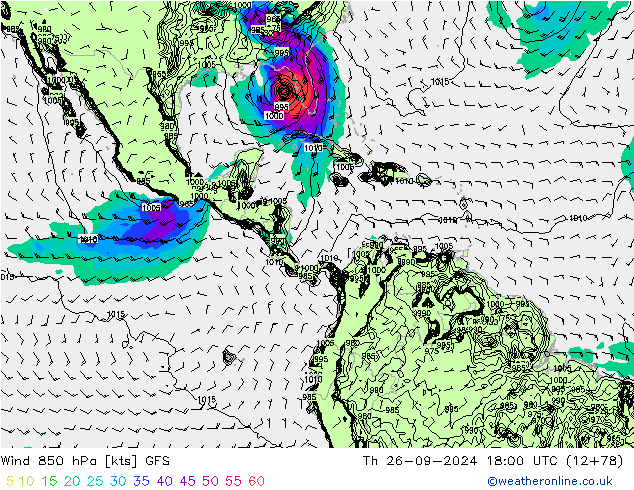 Vento 850 hPa GFS gio 26.09.2024 18 UTC